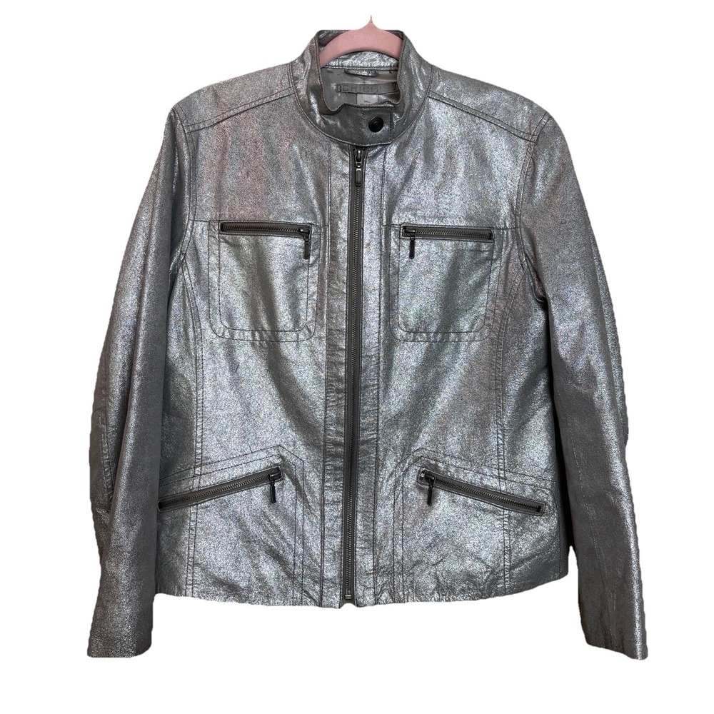 Chico's Lavish Luster Metallic Silver Leather Motorcycle Jacket Sz 1 Medium Y2K‎